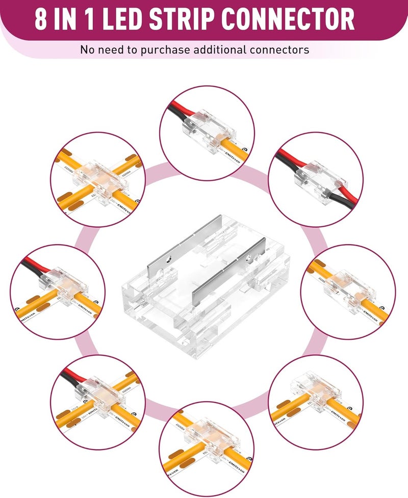EMITEVER ​ 8-in-1 LED Strip Connectors 12pcs, 2 Pin 8mm COB Tape Lights Terminal Connectors 8 Types Solderless Transparent Connection for​ 5V 12V 24V（Straight, Corner, Strip to Strip, Strip to Wire） - Image 2